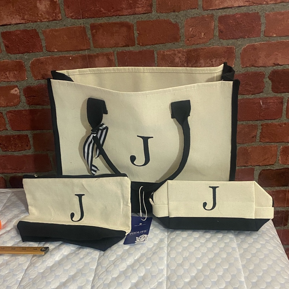 Monogram J Two-Tone Canvas Tote Bag -Black & Cream w/2 small bags & carry strap